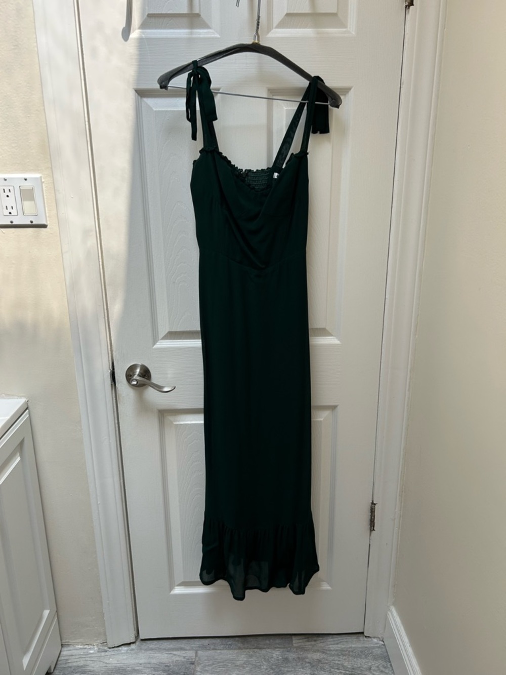 Reformation Dark Green Tie-Shoulder Ruffle-Hem Maxi Dress
